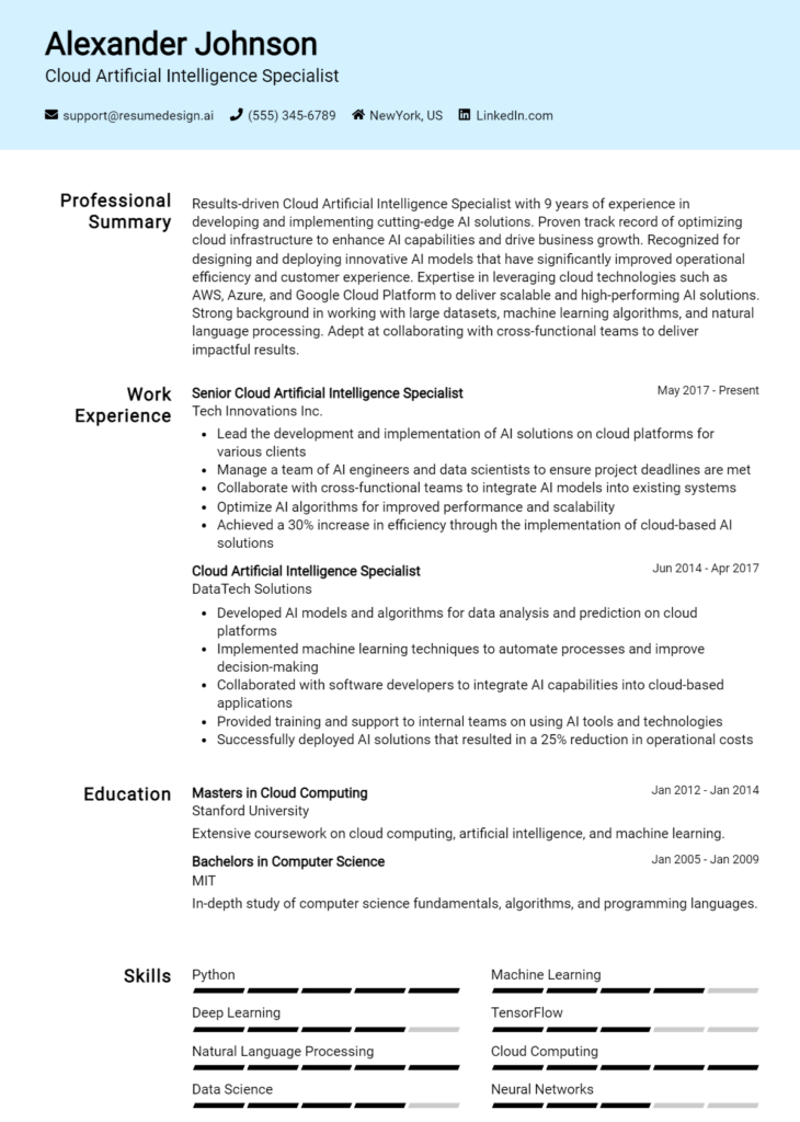 Cloud Artificial Intelligence Specialist Resume Example