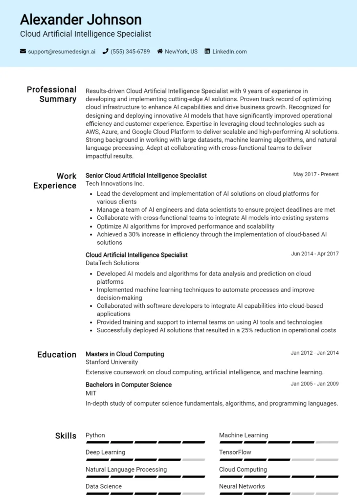Cloud Artificial Intelligence Specialist Resume Example