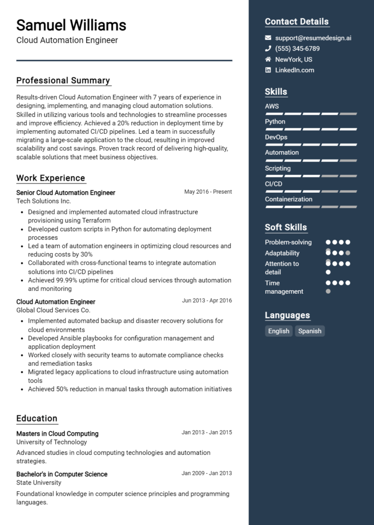 Cloud Automation Engineer Resume Example