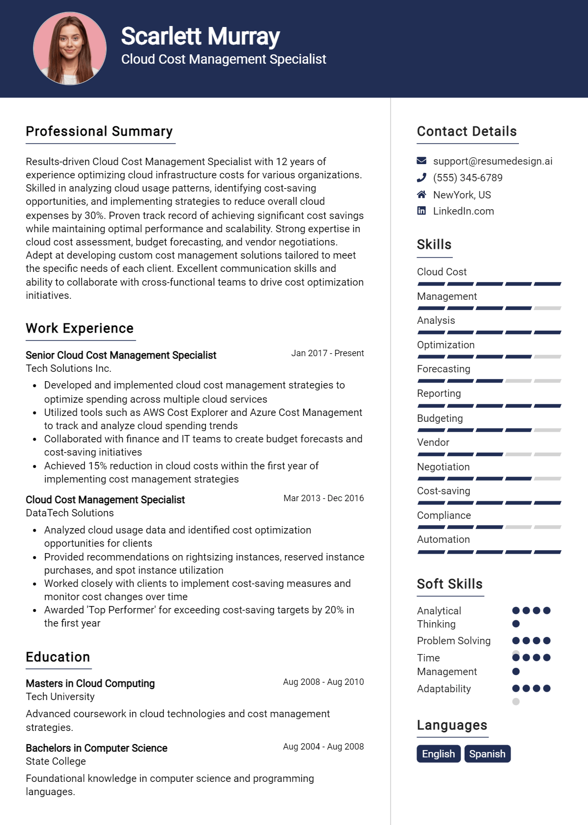 Cloud Cost Management Specialist Resume Example