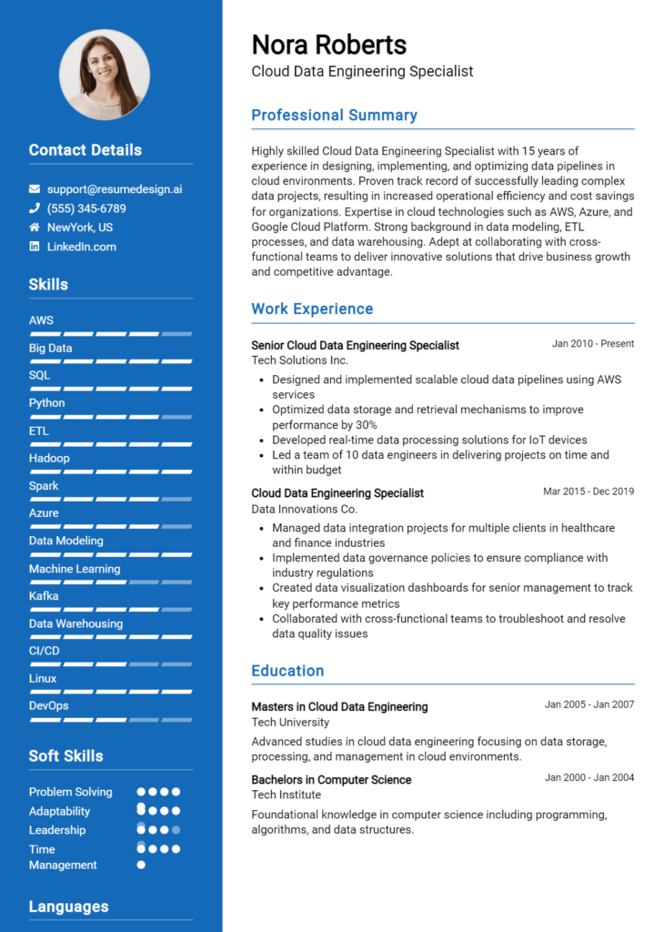 Cloud Data Engineering Specialist Resume Example