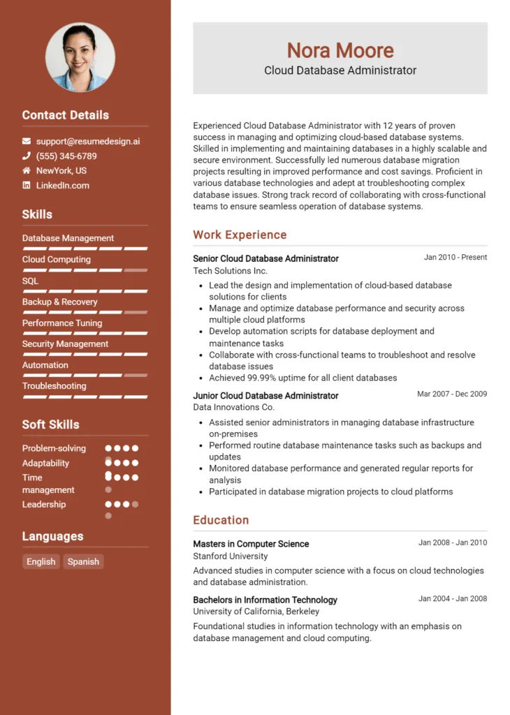 Cloud Database Administrator Resume Example