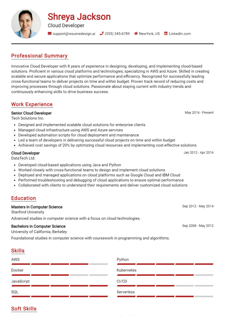 Cloud Developer Resume Example