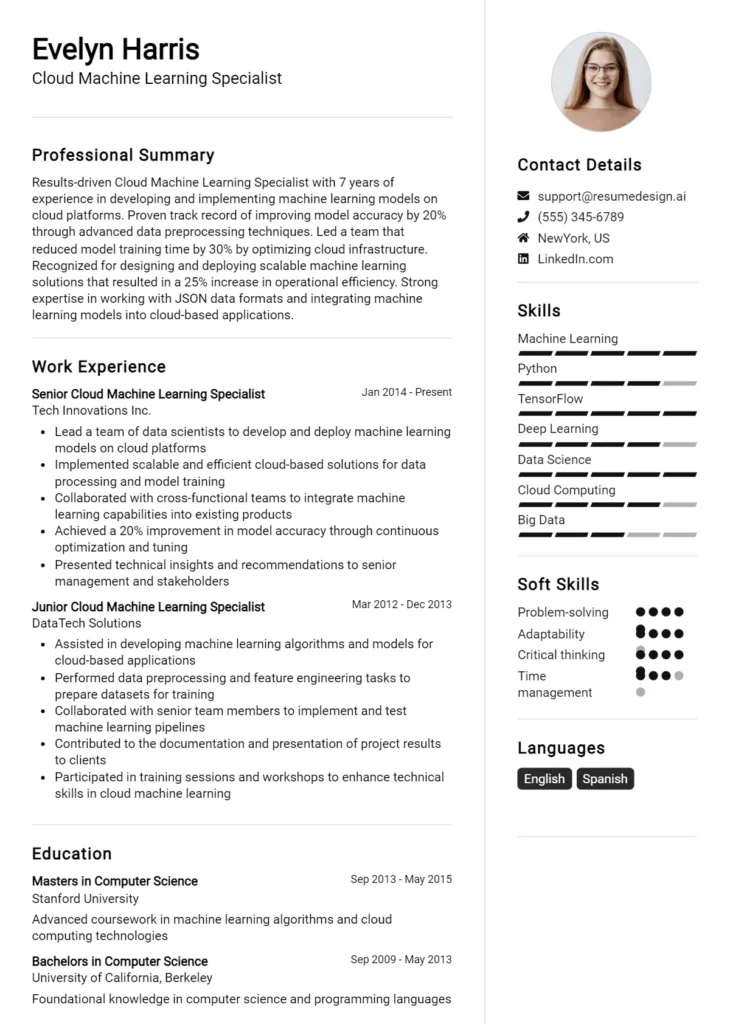 Cloud Machine Learning Specialist Resume Example