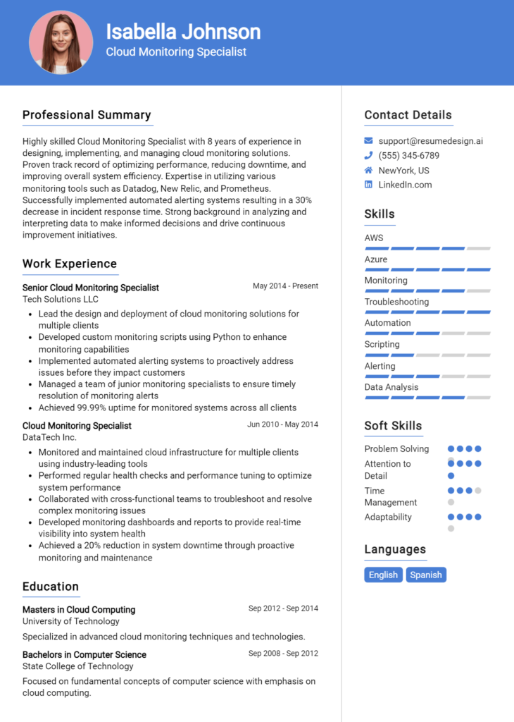 Cloud Monitoring Specialist Resume Example