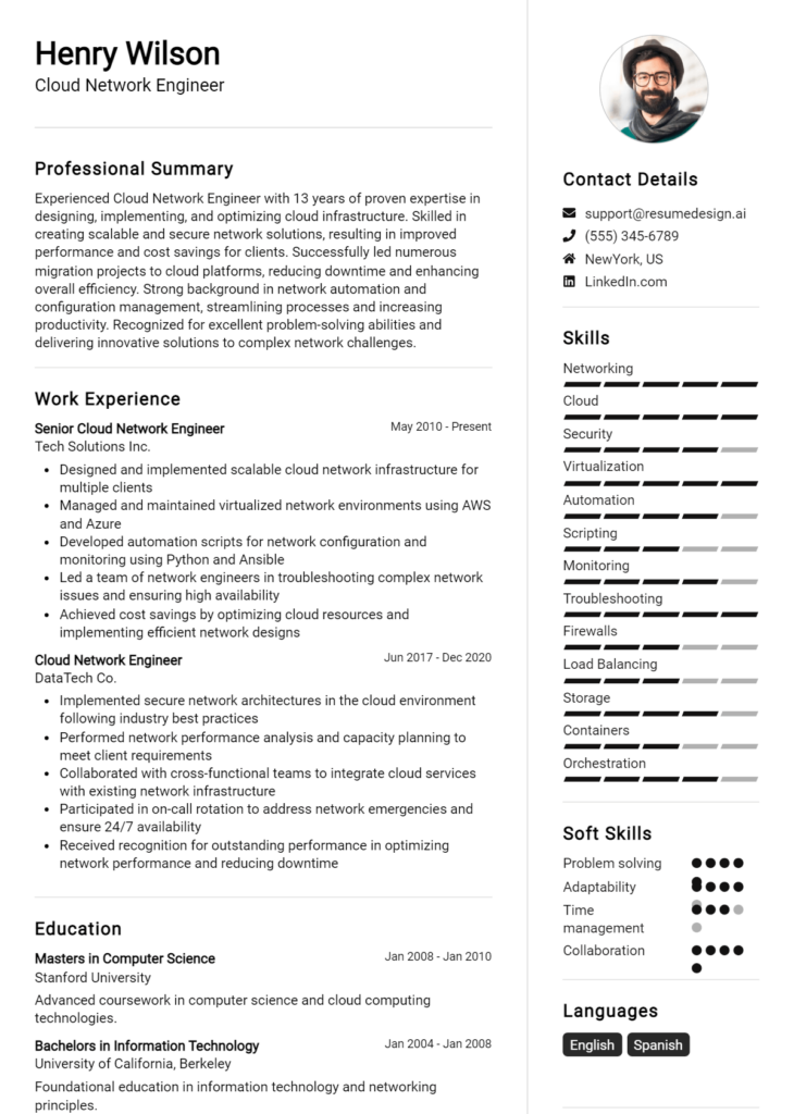 Cloud Network Engineer Resume Example