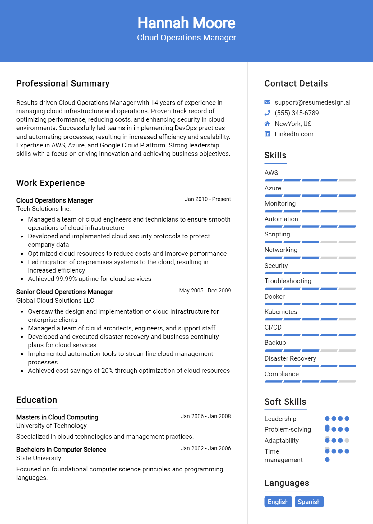 Cloud Operations Manager Resume Example