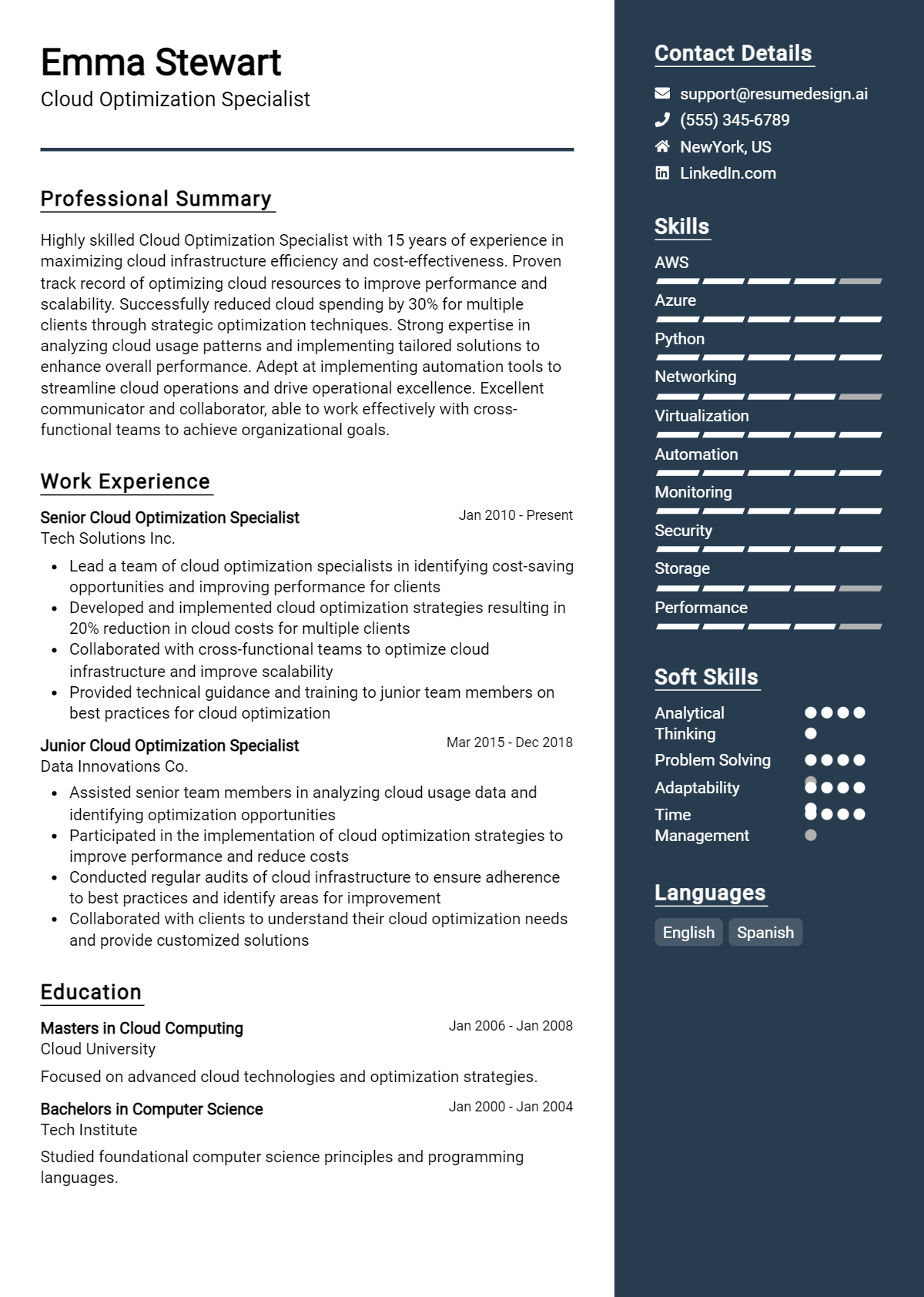 Cloud Optimization Specialist Resume Example