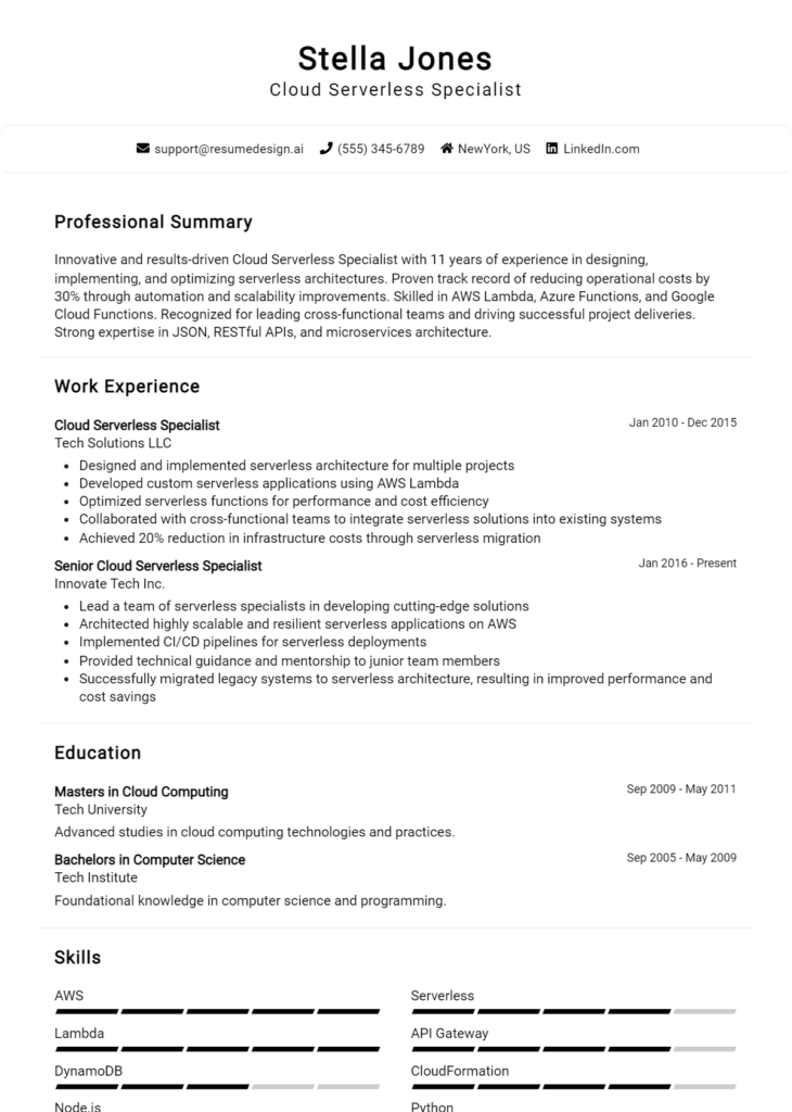 Cloud Serverless Specialist Resume Example