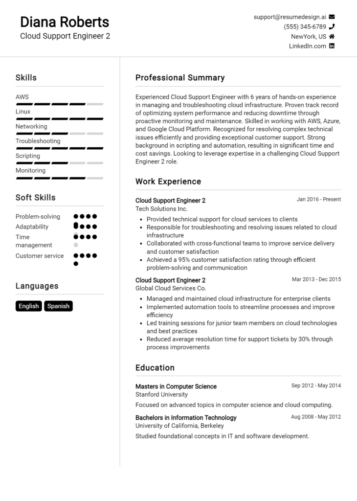 Cloud Support Engineer 2 Resume Example