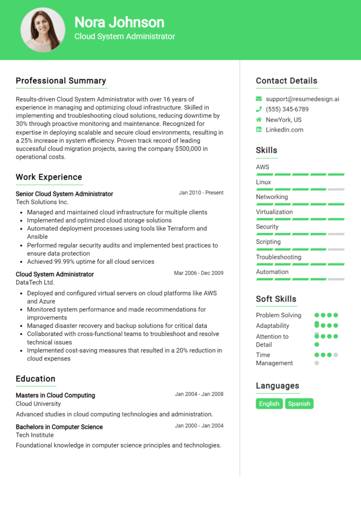 Cloud System Administrator Resume Example