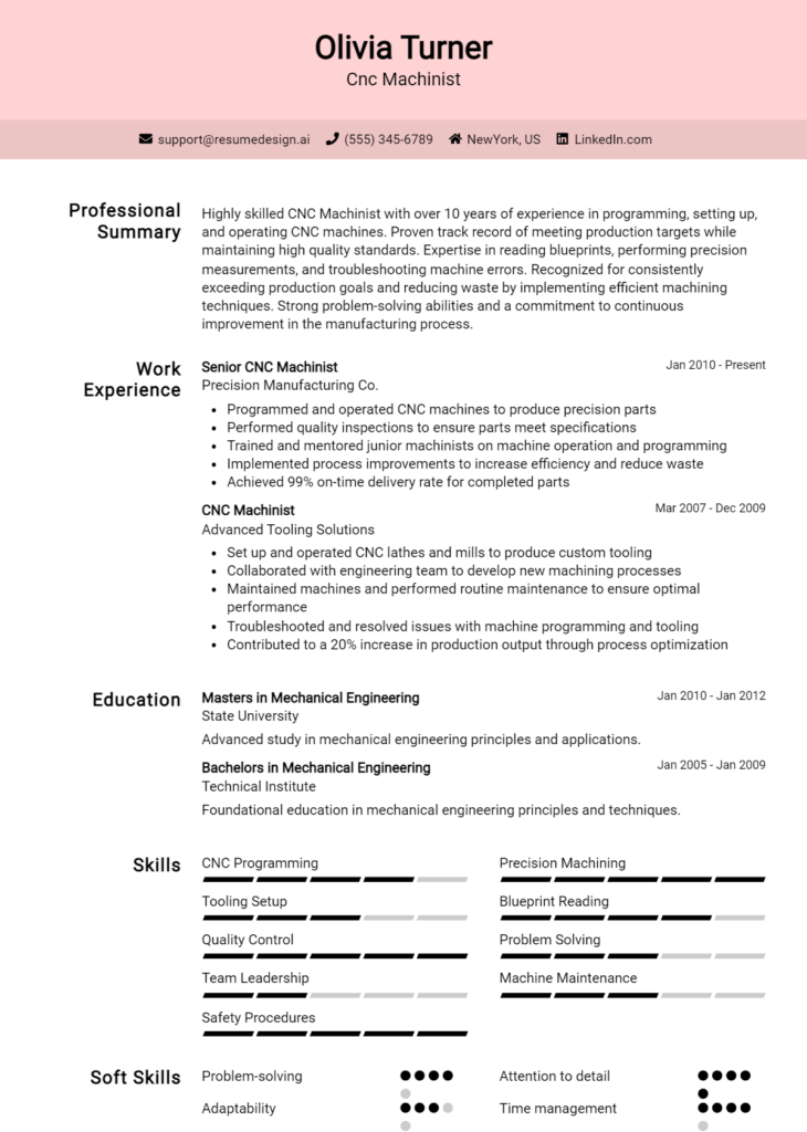 Cnc Machinist Resume Example