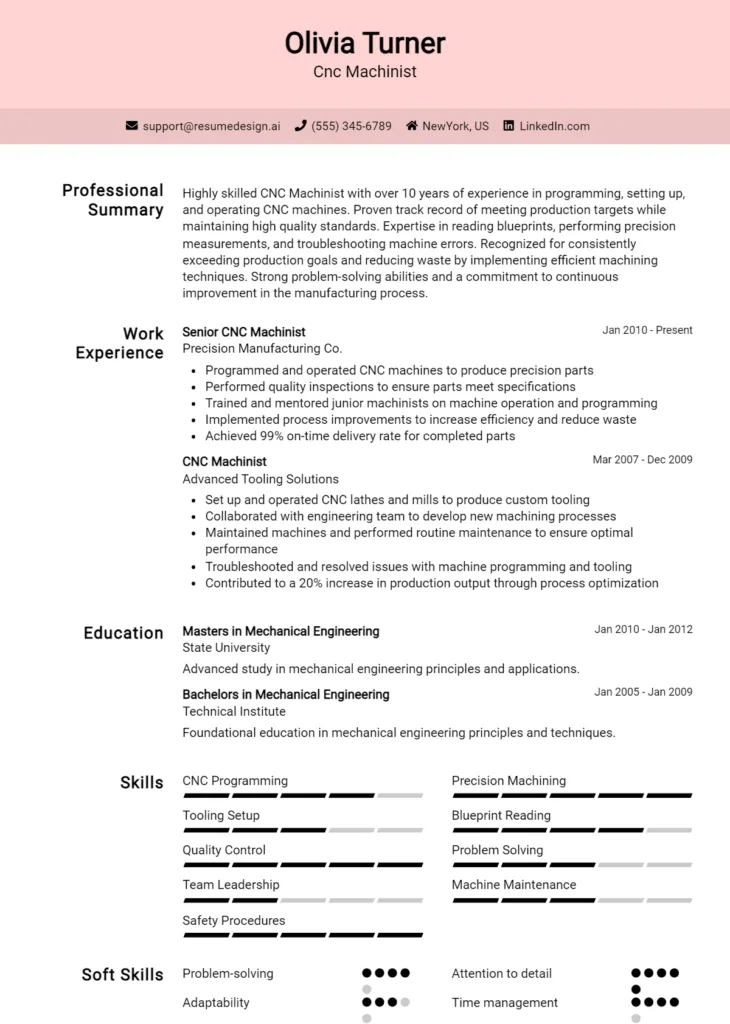 Cnc Machinist Resume Example