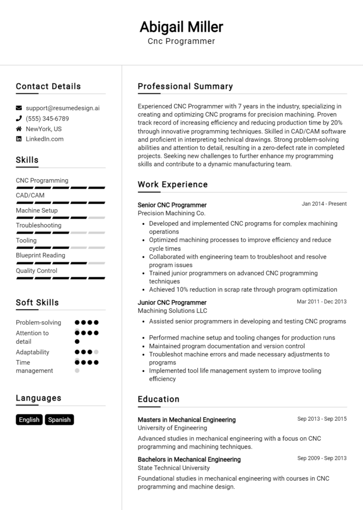 Cnc Programmer Resume Example