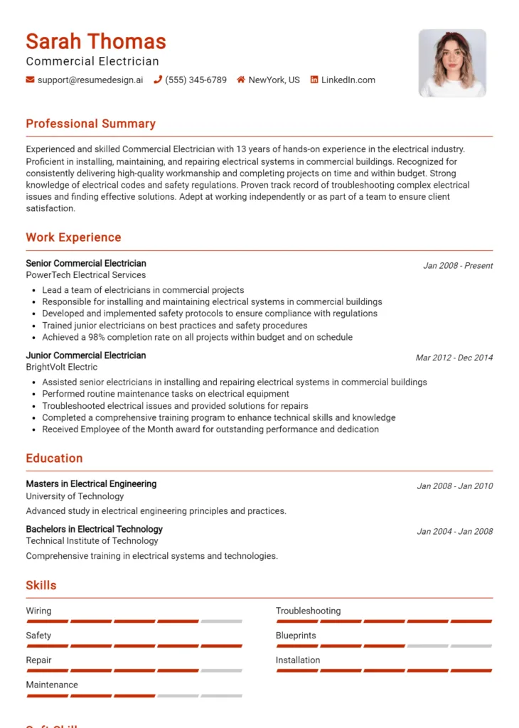 Commercial Electrician Resume Example