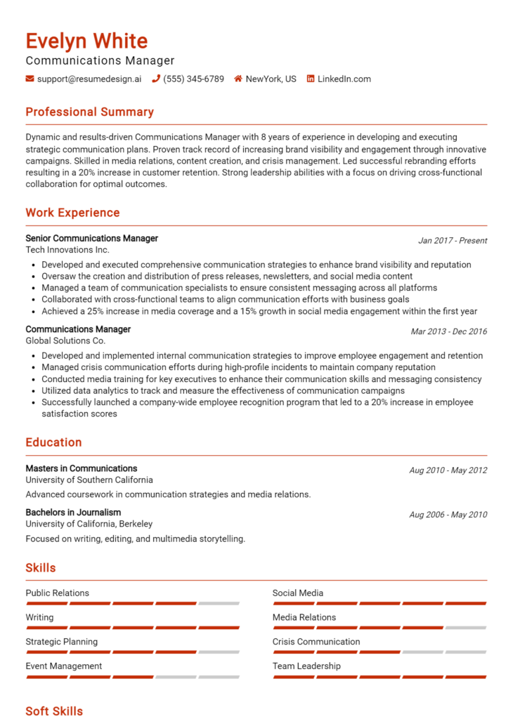 Communications Manager Resume Example