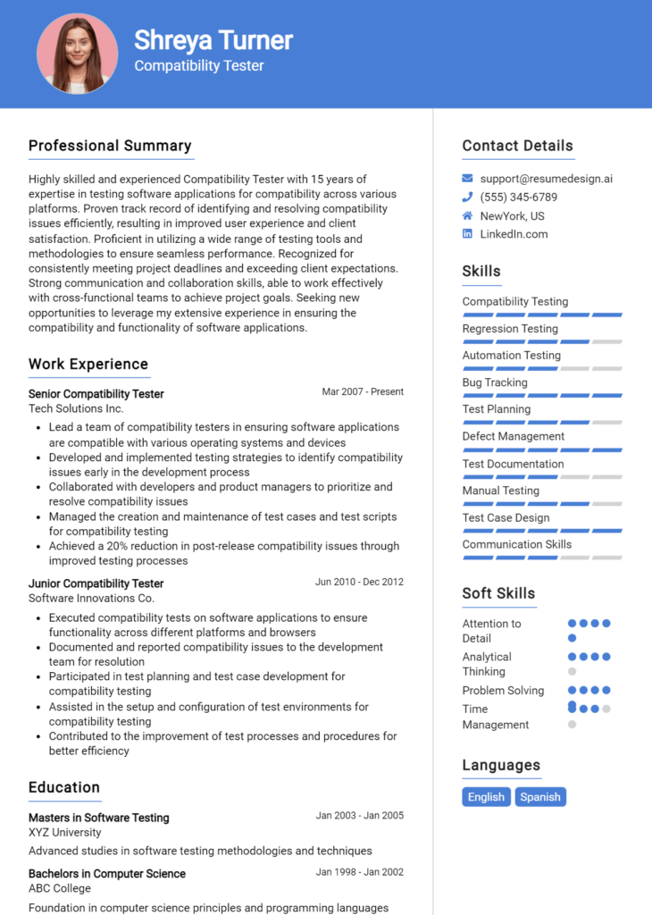 Compatibility Tester Resume Example