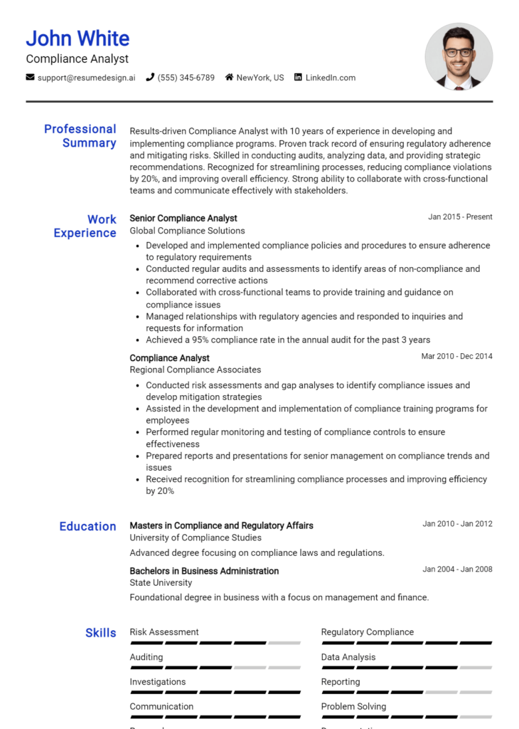 Compliance Analyst Resume Example