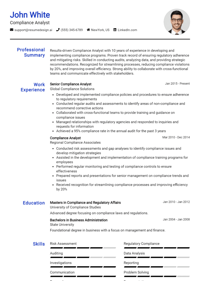 10 Compliance Analyst Resume Examples And Templates for 2025: Expert Tips
