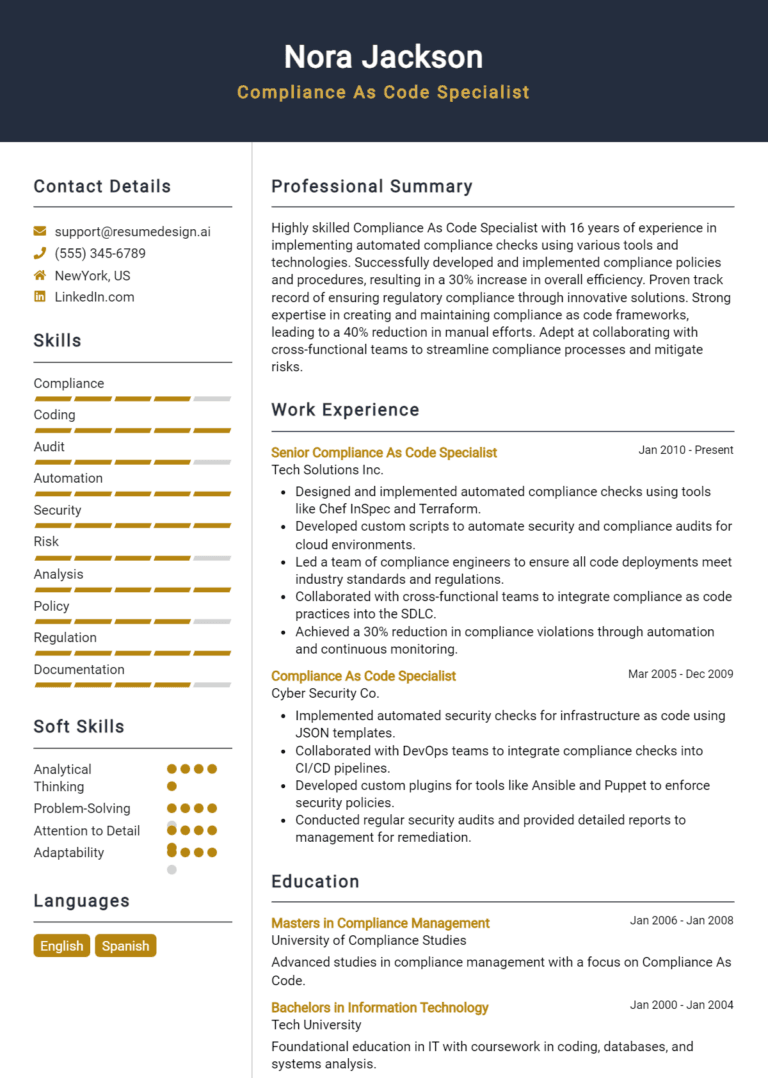 22 Compliance as Code Specialist Resume Examples And Templates for 2025: Expert Tips