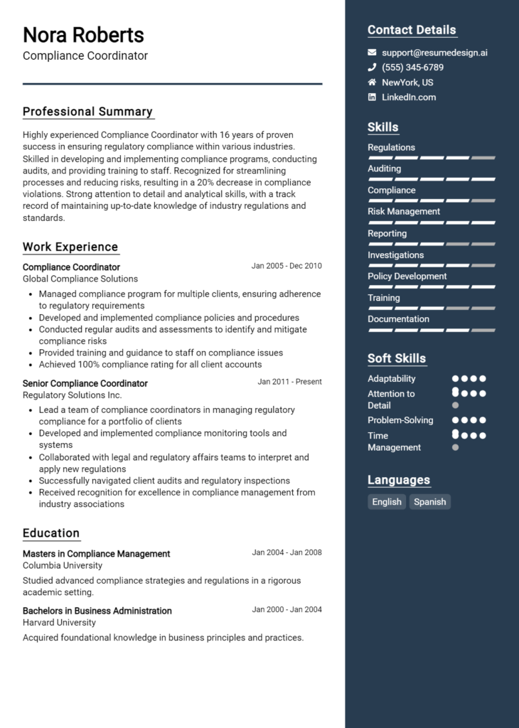 Compliance Coordinator Resume Example