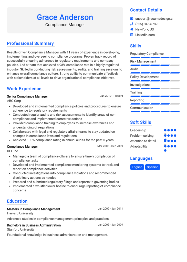 Compliance Manager Resume Example