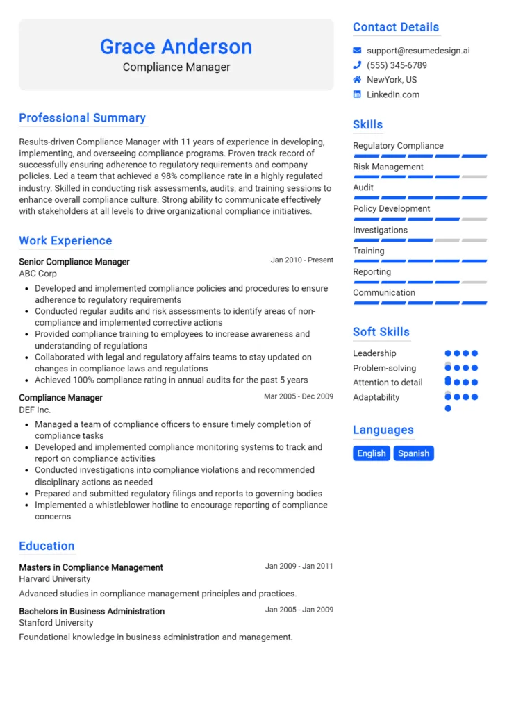 Compliance Manager Resume Example