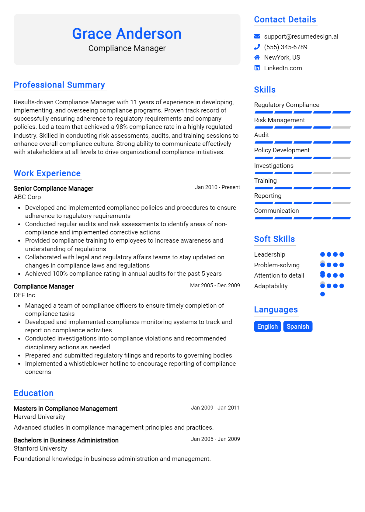 Compliance Manager Resume Example