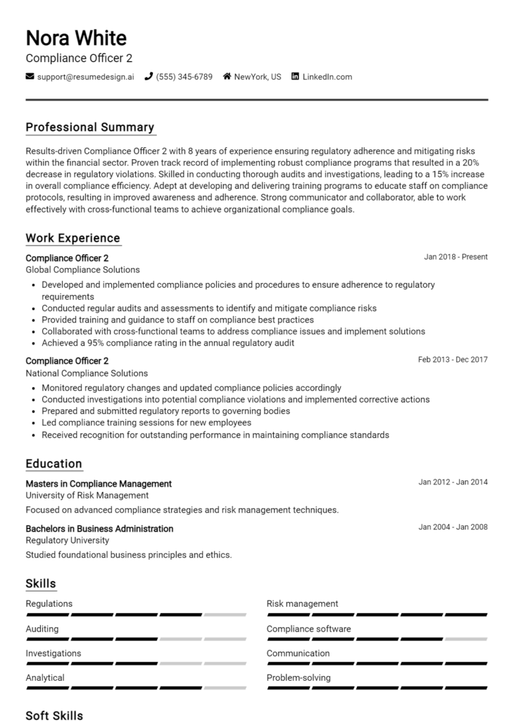 Compliance Officer 2 Resume Example