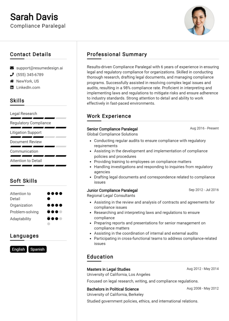 Compliance Paralegal Resume Example