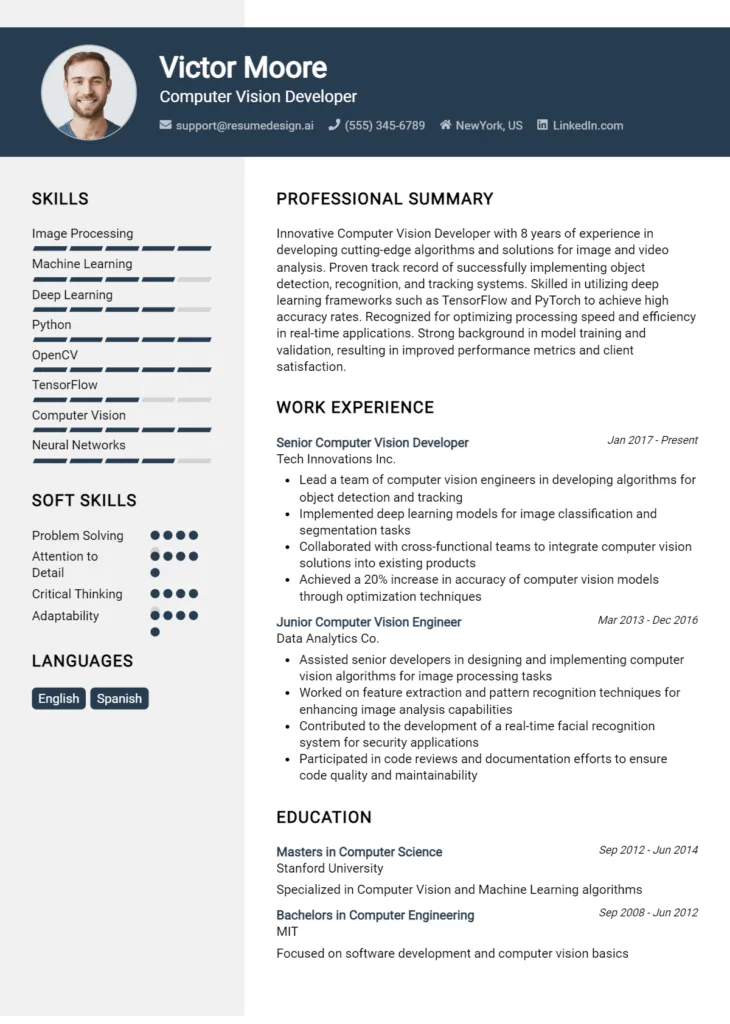 Computer Vision Developer Resume Example