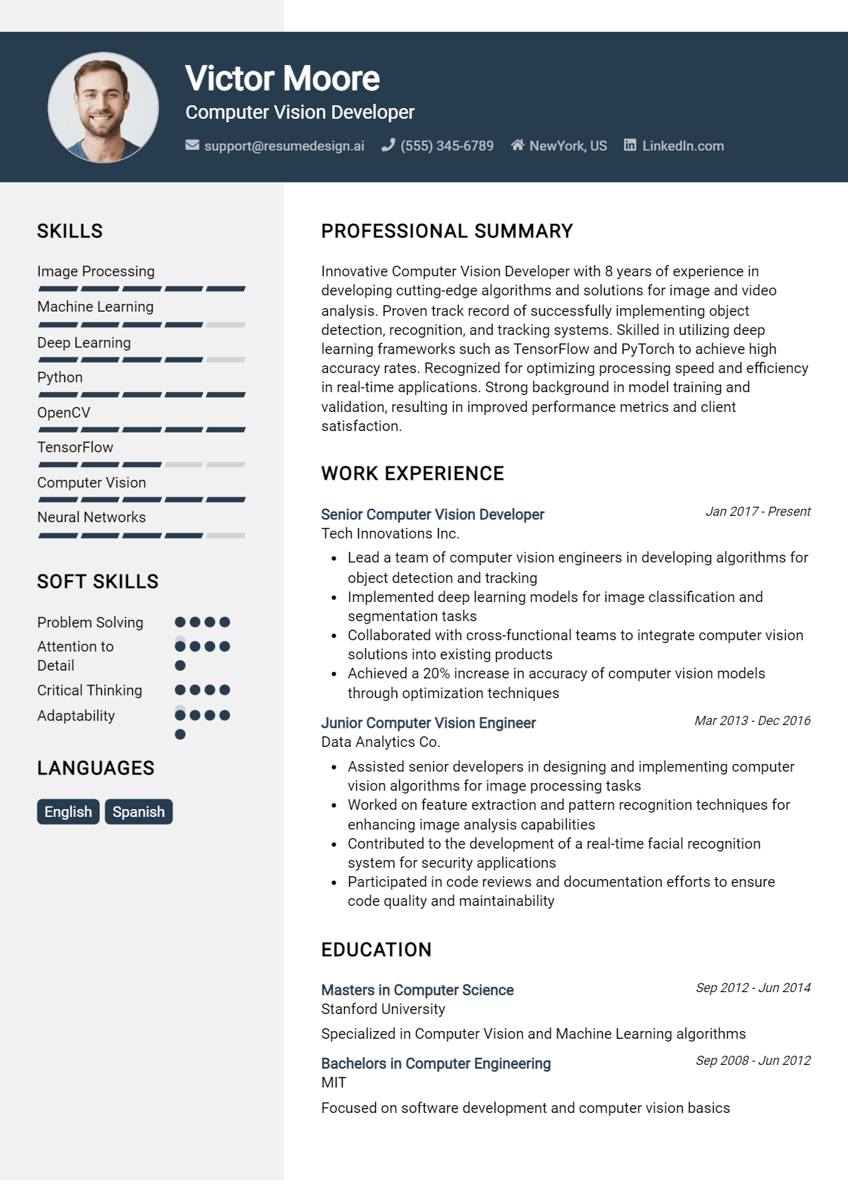 Computer Vision Developer Resume Example