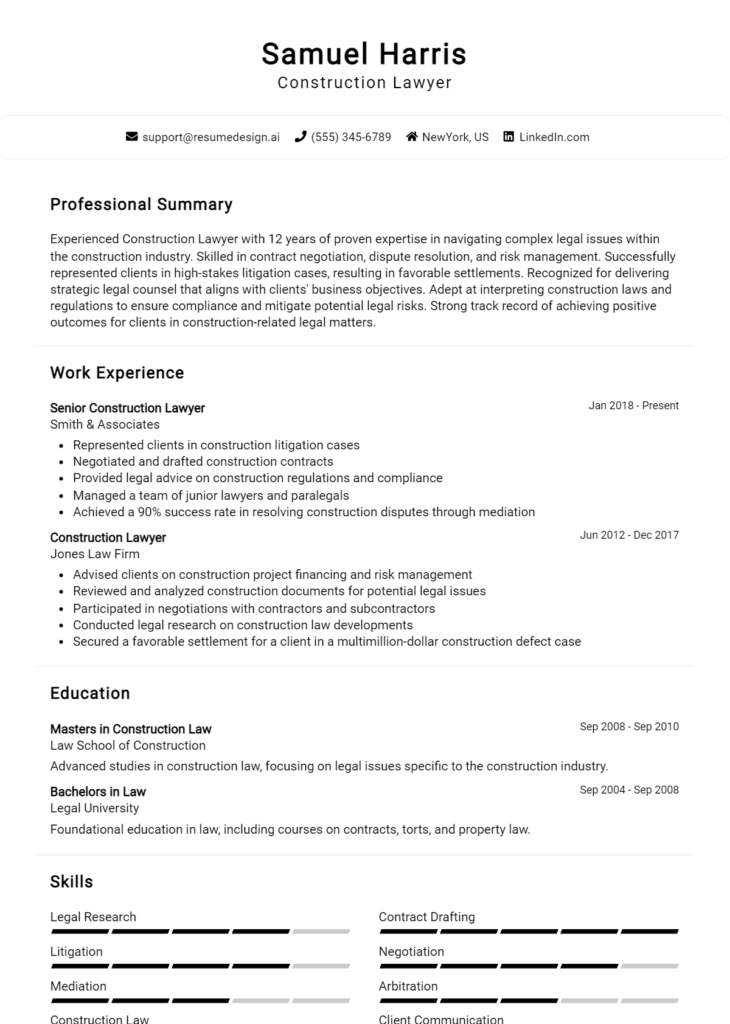 Construction Lawyer Resume Example