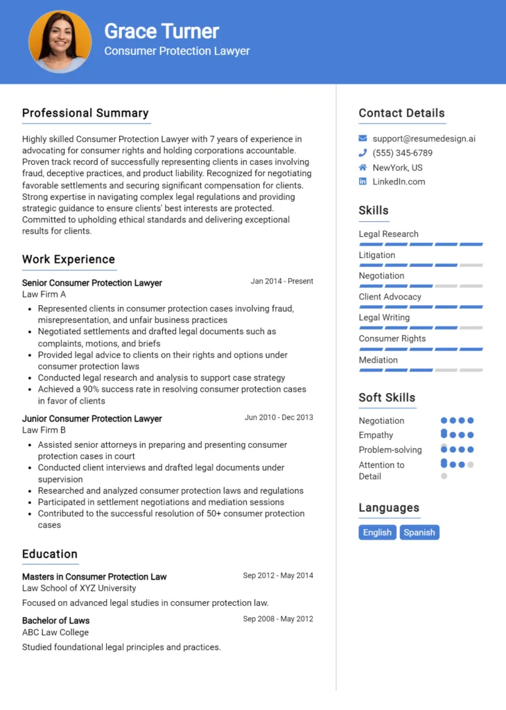 Consumer Protection Lawyer Resume Example