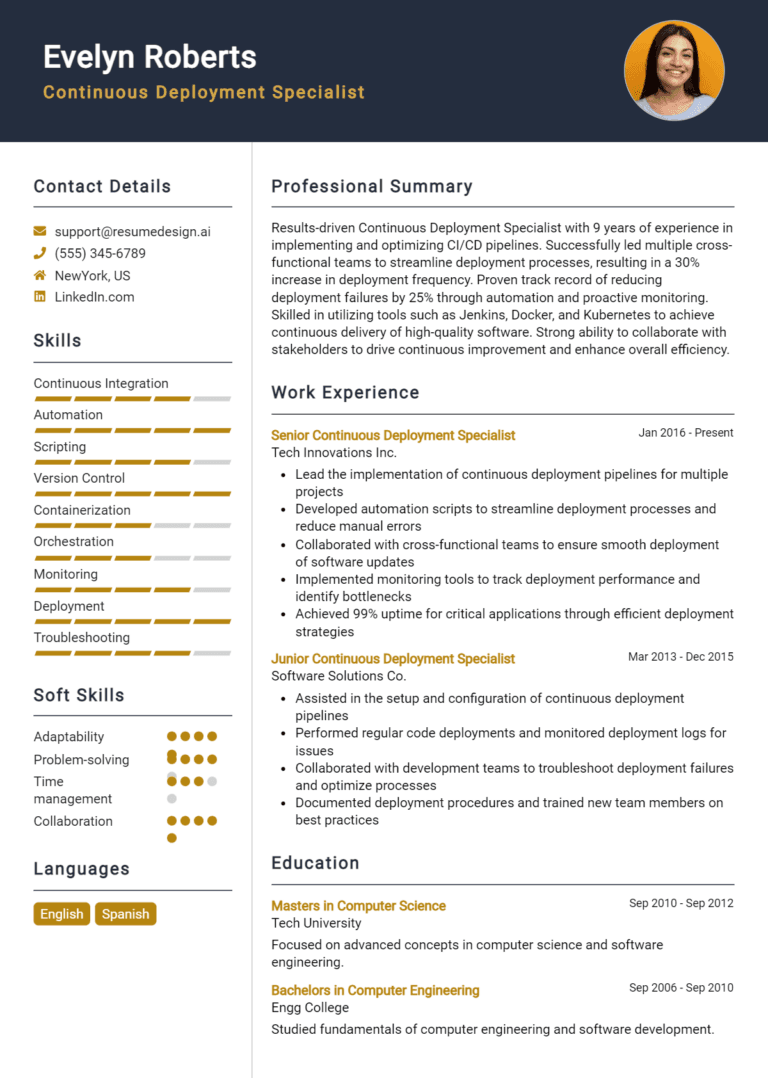 22 Continuous Deployment Specialist Resume Examples And Templates for 2025