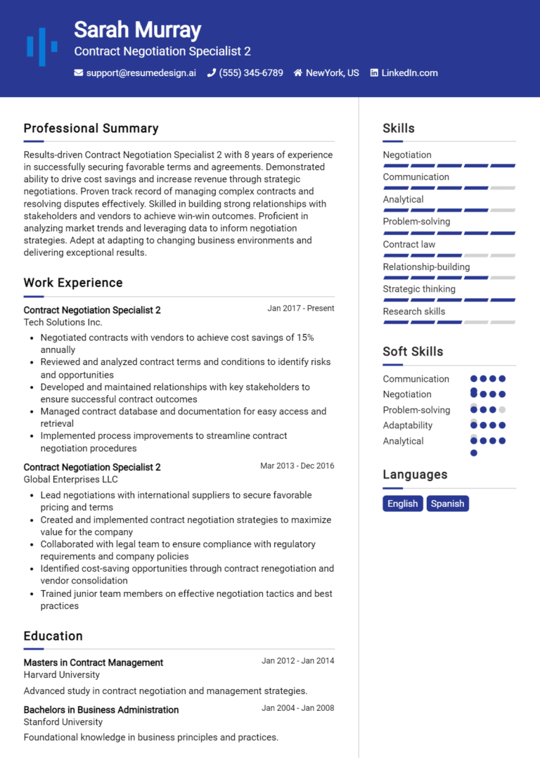 15 Contract Negotiation Specialist Resume Examples And Templates for 2025: Top Tips