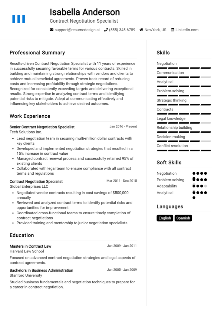 Contract Negotiation Specialist Resume Example