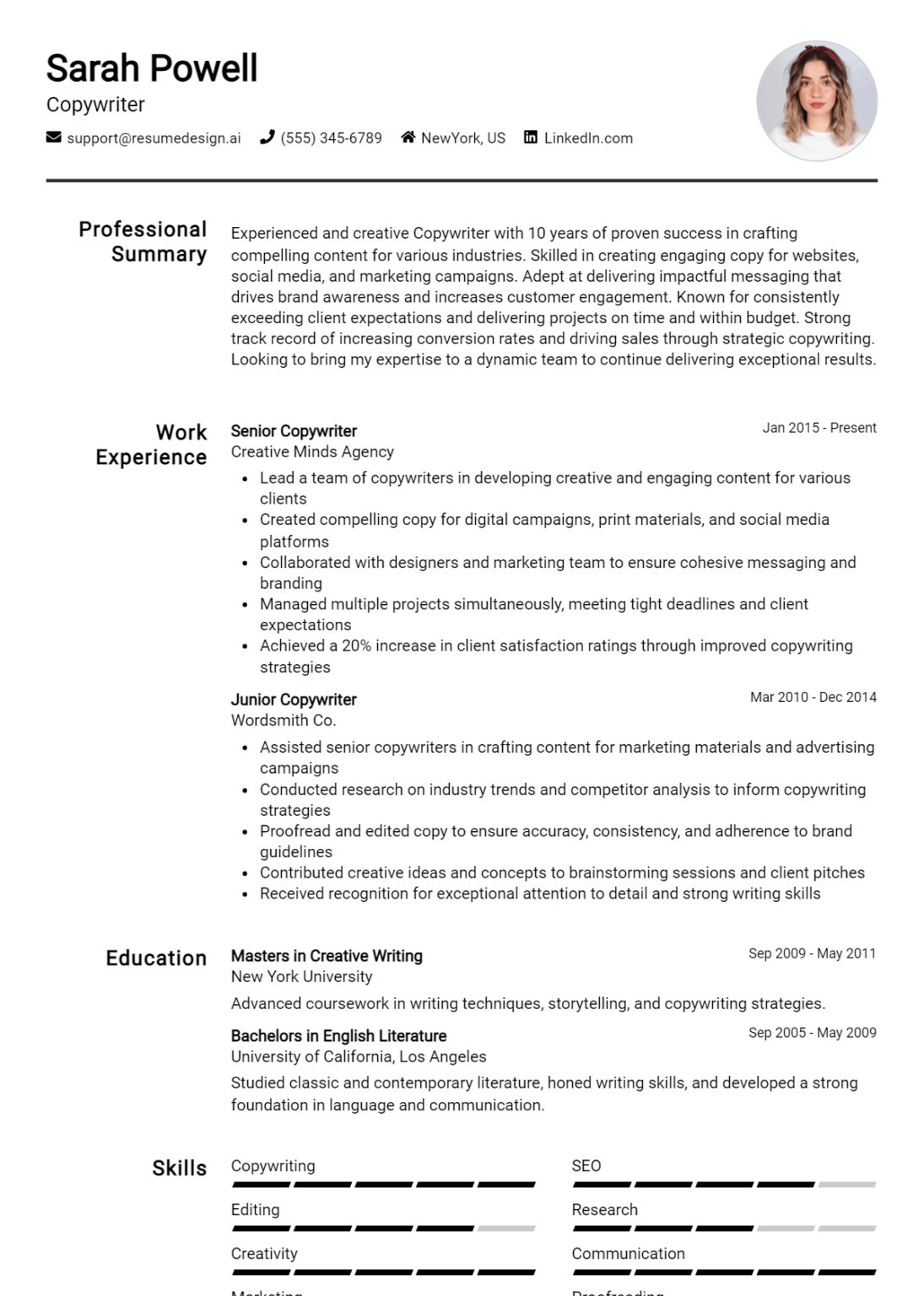 17 Copywriter Resume Examples And Templates for 2025 - ResumeDesign.ai