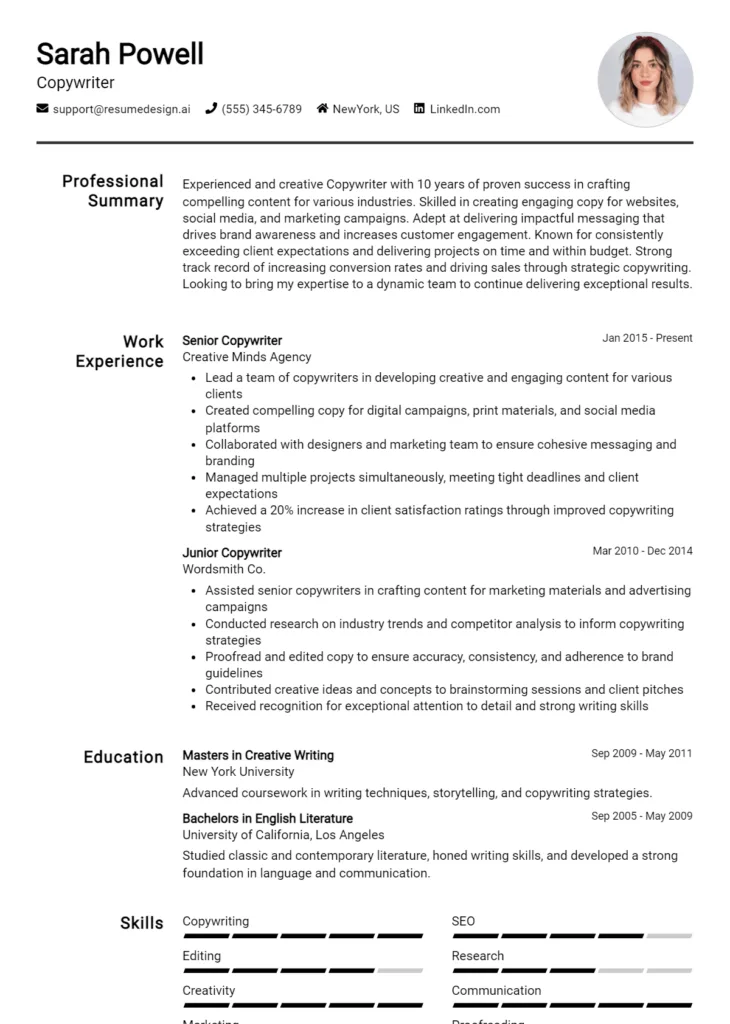 Copywriter Resume Example