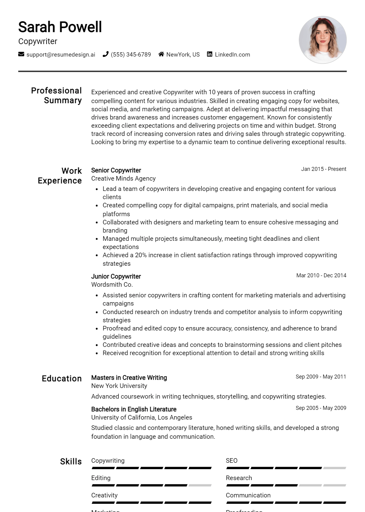 Copywriter Resume Example