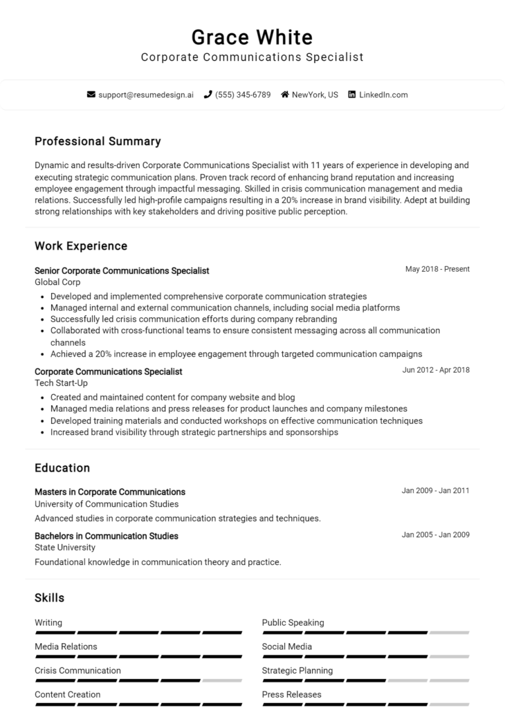 Corporate Communications Specialist Resume Example