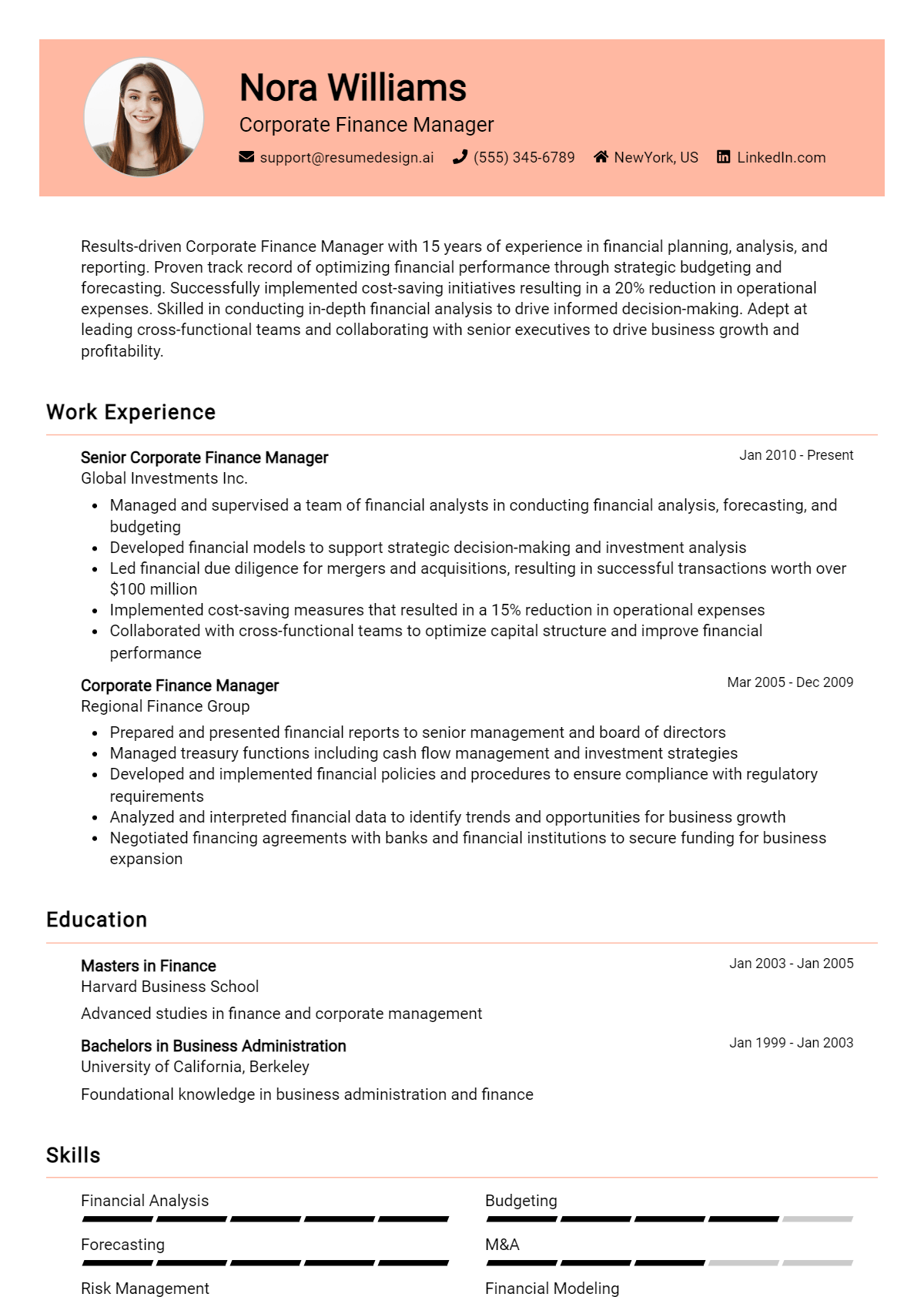 Corporate Finance Manager Resume Example