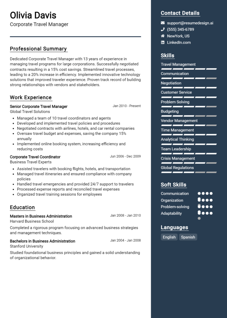 Corporate Travel Manager Resume Example