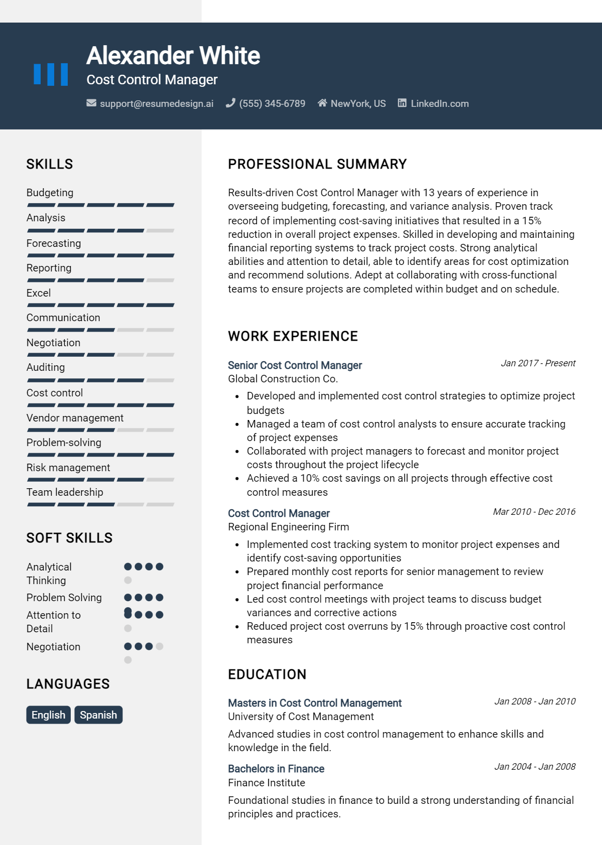 Cost Control Manager Resume Example