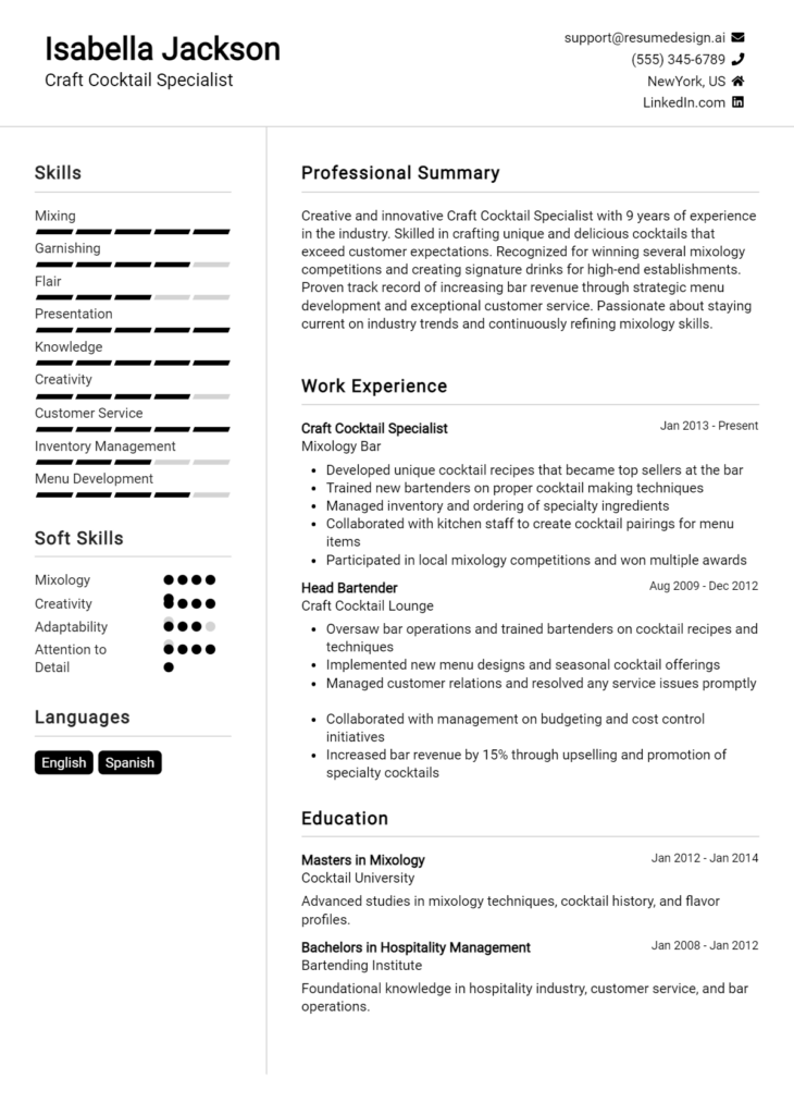 Craft Cocktail Specialist Resume Example