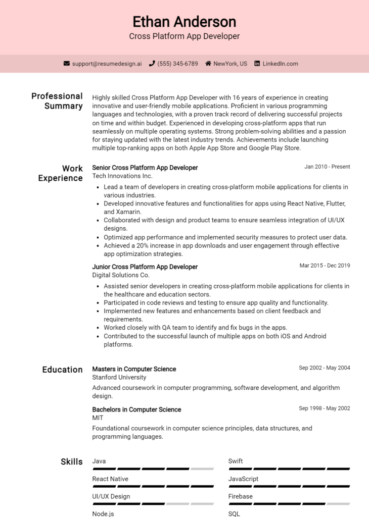 Cross Platform App Developer Resume Example