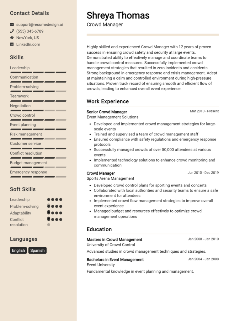 Crowd Manager Resume Example