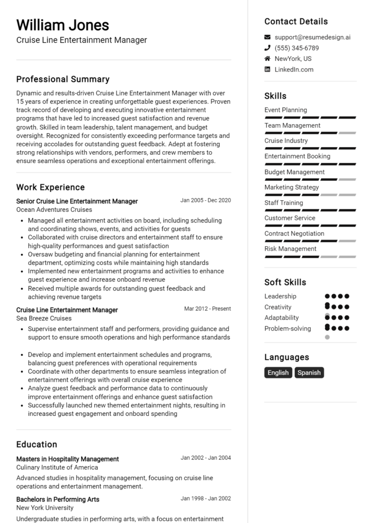 Cruise Line Entertainment Manager Resume Example