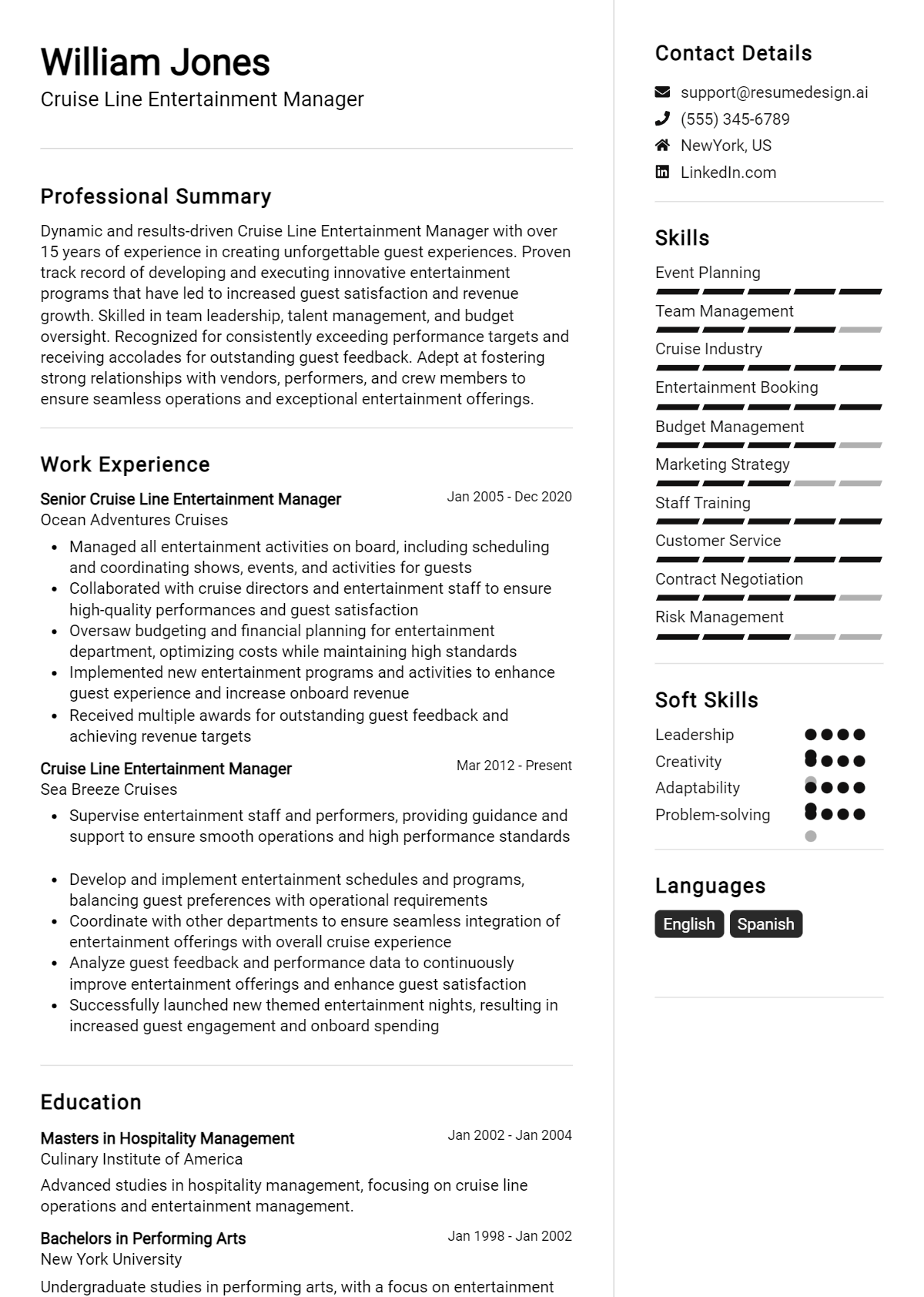 Cruise Line Entertainment Manager Resume Example