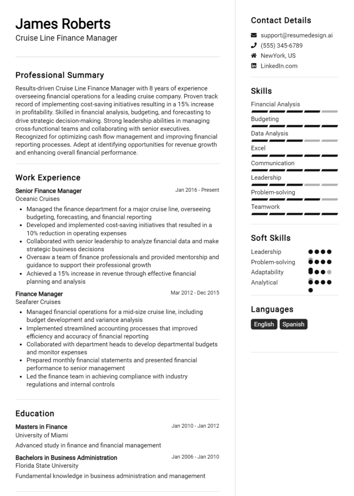 Cruise Line Finance Manager Resume Example